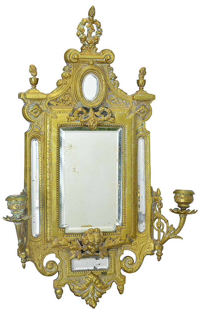 Antique Wall Mirror Edwardian Cast Brass Bronze 2 Arm Candle Sconce Ant 868