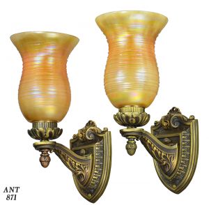 Pair Wall Sconces Antique Edwardian Art Glass Lights Rewired Fixtures (ANT-871)