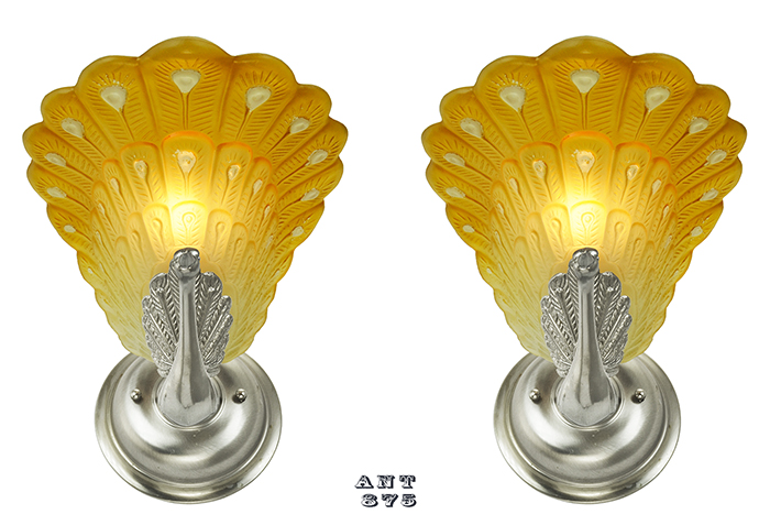 Vintage Hardware Lighting Art Deco Style Pair of Peacock Wall Sconces French Slip Shade Lights ANT 875