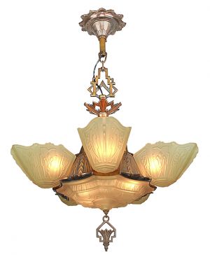 Vintage 1930s Chandelier Art Deco Slip Shade Ceiling Light by Markel (ANT-876)