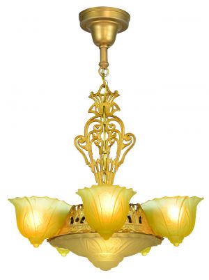 American Art Deco 6 Shade Chandelier by Halcolite and Consolidated Glass (ANT-916)