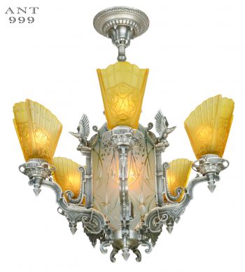 Fantastic Eagle Motif Art Deco Slip Shade Chandelier with Cut Glass Center Panels (ANT-999)