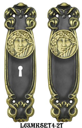 Art Nouveau Door Plate Set with Locking Keyed Mortise (L63MKSET4)