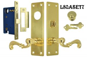 Contemporary French Lever Solid Brass Door Plate Entry Set (L80ASET7)