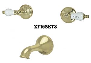 Brass Bathtub Spout with Porcelain Handles Set - Vintage Style Tub Hardware (ZF16SET3)