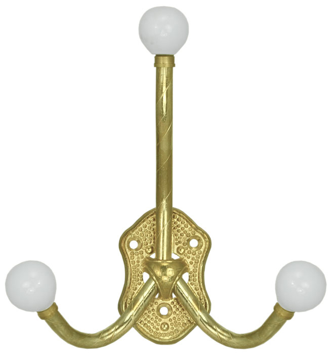 Victorian Brass Triple Hook With Porcelain Ball (ZH-110)