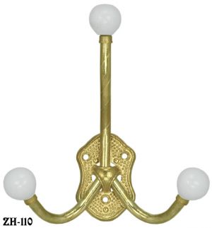 Victorian Brass Triple Hook With Porcelain Ball (ZH-110)