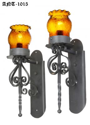 Pair of Gothic / Medieval Iron and Amber Crackle Glass Sconces (ANT-1015)