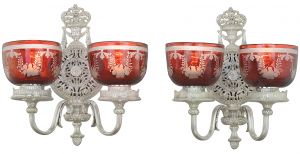 Ornate 20s Pierced Rococo Style Double Sconces with Neat Ruby Shades (ANT-1298)