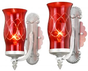Pleasing Pair of 1920s to 30s Sconces with Cut Ruby Shades (ANT-1344)