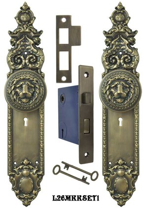 Victorian Gothic Heraldic Door Plates with Large Lion Door Knobs Set with Locking Keyed Mortise Lock (L26MKKSET1)