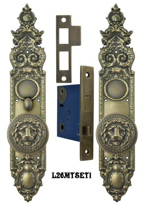 Victorian Heraldic Door Plate and Large Lion Knob Set with Turnlatch Mortise (L26MTSET1)