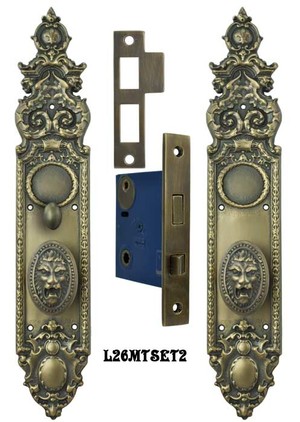 Victorian Heraldic Door Plate with Pavia Roaring Lion Knob Set with Turnlatch Mortise (L26MTSET2)