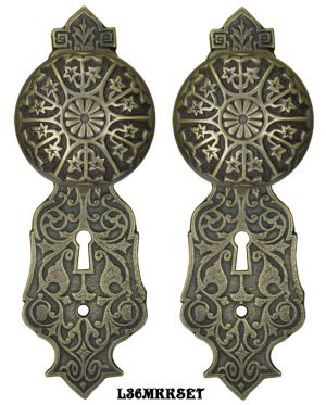 Eastlake Door Plate Set with Locking Keyed Mortise Antiqued Brass (L36MKKSET-DK)