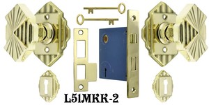 Art Deco Door Knob and Rosette Set w/ Skeleton Keyed Mortise Lock (L51MKKSET2)