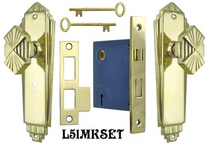 Art Deco Privacy Door Plate Set with Skeleton Keyed Mortise Lock (L51MKSET)