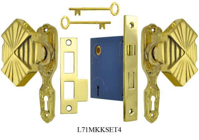 Art Deco or Nouveau Style Complete Door Set with Skeleton Key Lock (L71MKKSET4)