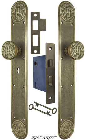 Art Nouveau Recreated Lady Face Door Set with Locking Keyed Mortise (Z205MKSET)