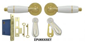 White Porcelain Lever Door Set with Gold Trim and Skeleton Key Lock (ZP1MKKSET)