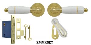White Porcelain Lever Privacy Door Set with Gold Trim & Mortise Lock (ZP1MKSET)